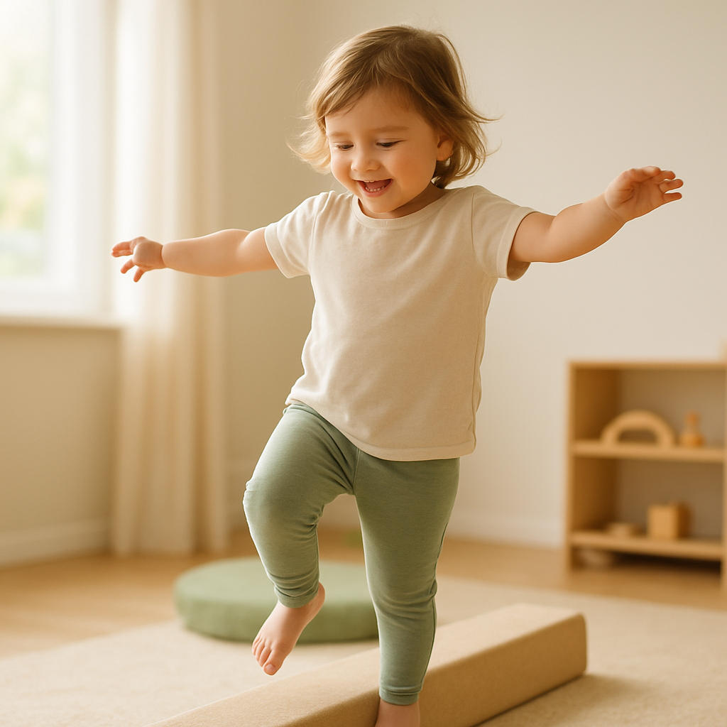Kind balanciert fröhlich während einer psychomotorischen Spielstunde